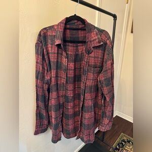 Distressed Plaid Flannel Shirt - Red and Black